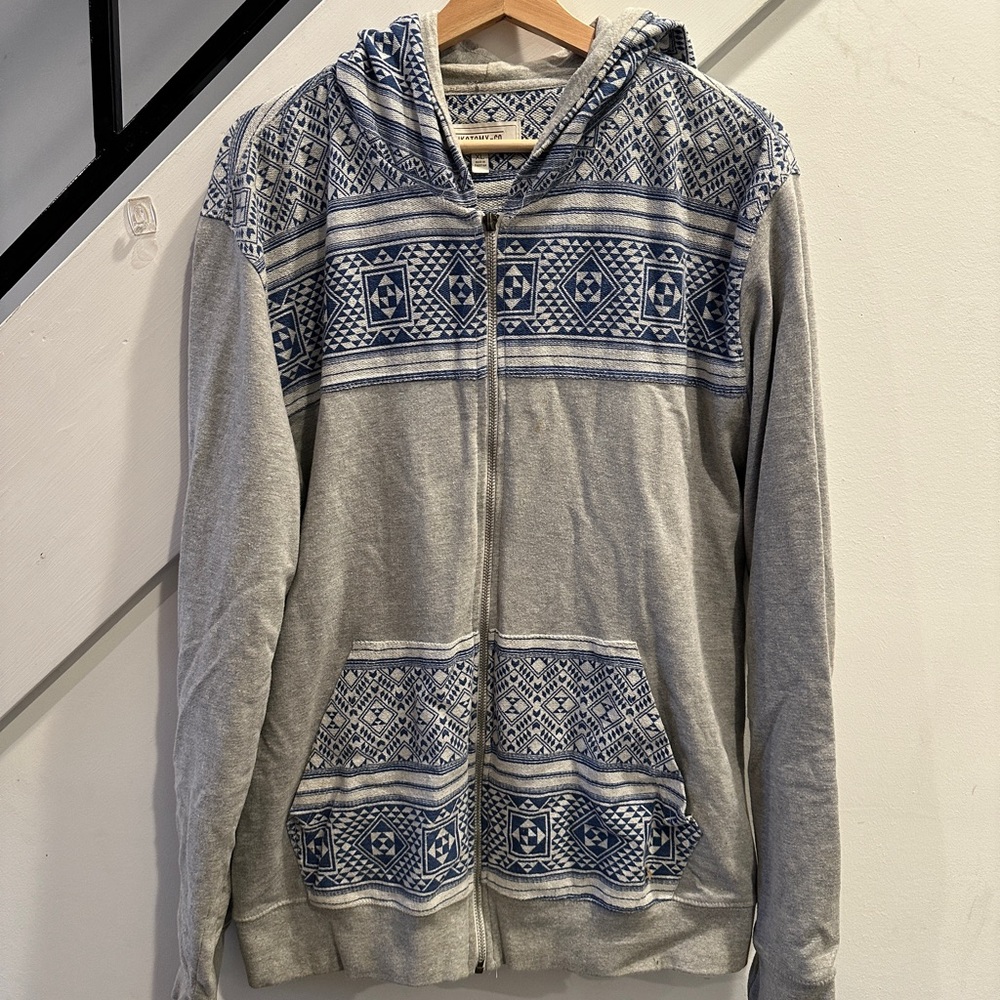 Dikotomy grey hoodie with blue mosaic pattern design zip up
